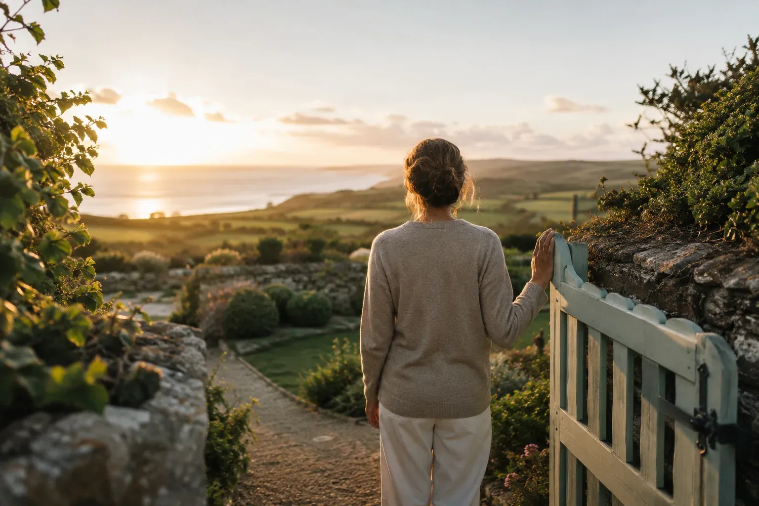 Woman looking across coastal countryside in the evening light