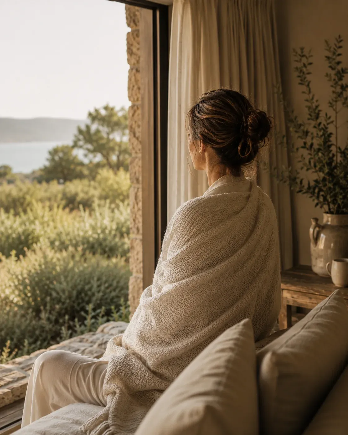 Woman looking across coastal countryside in the evening light